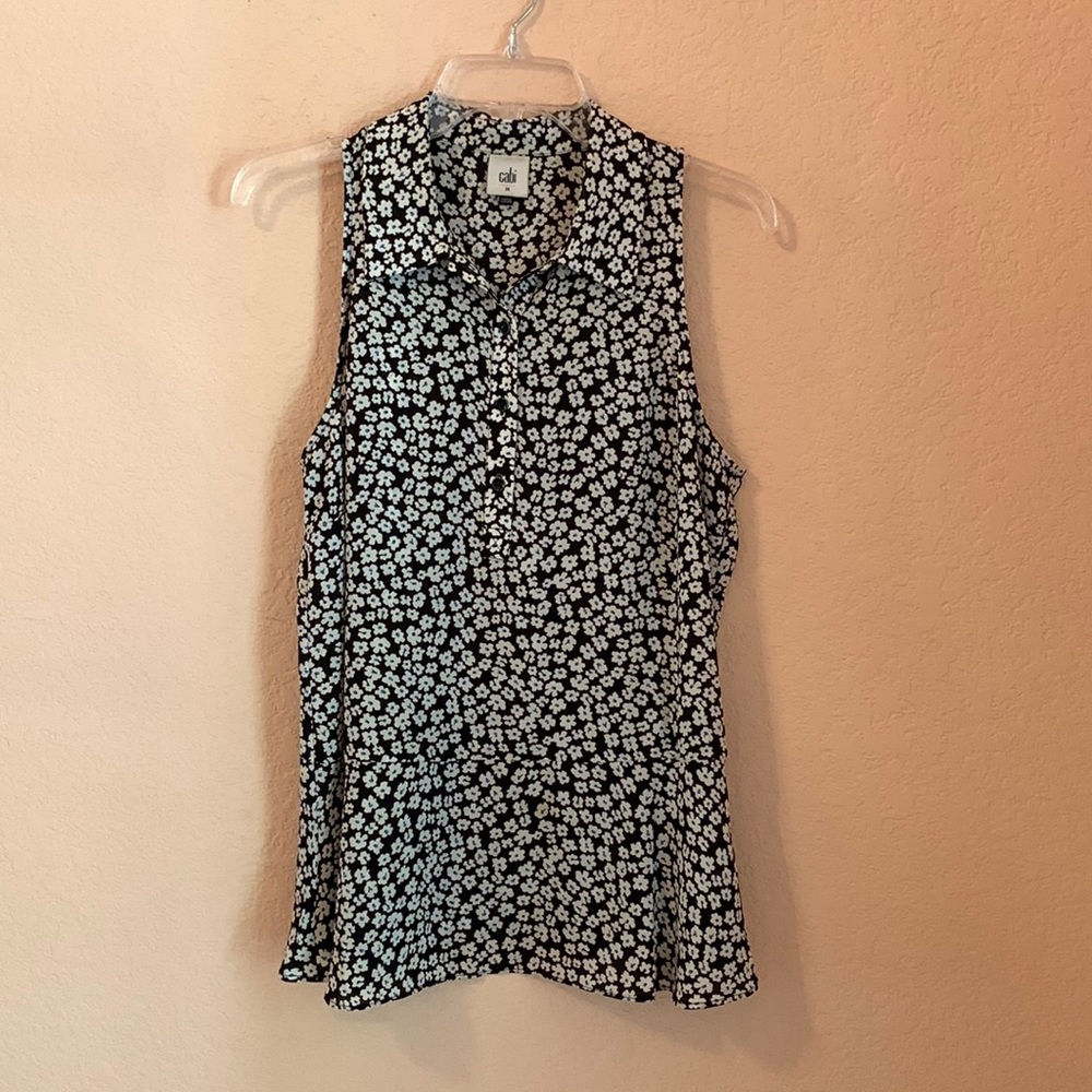 CAbi Befriend Top (Item 5733).  Black and White floral print.